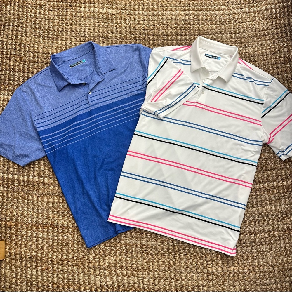 2 Item Combo Roundtree & Yorke Performance Polo Shirts Mens XXL Blue Pink White